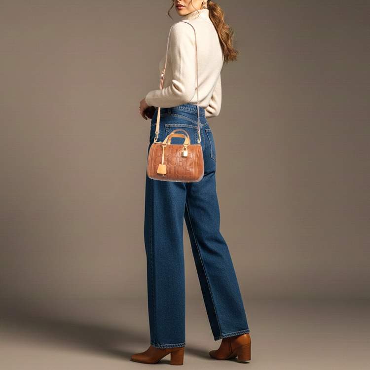 Pre Owned CH Carolina Herrera Andy Brown Monogram Embossed Leather Boston Bag