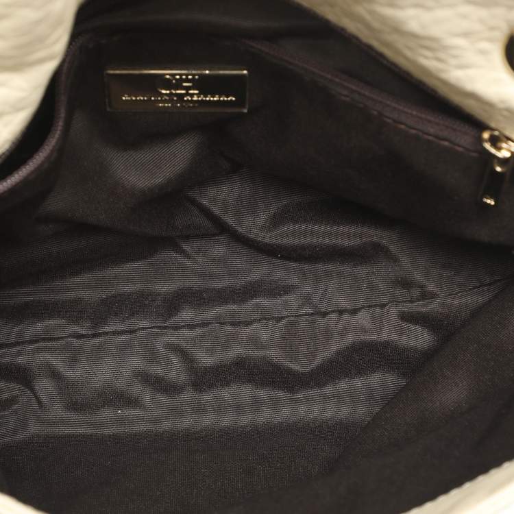 Pre Owned CH Carolina Herrera Audrey Bow Cream Monogram Embossed Leather Shoulder Bag