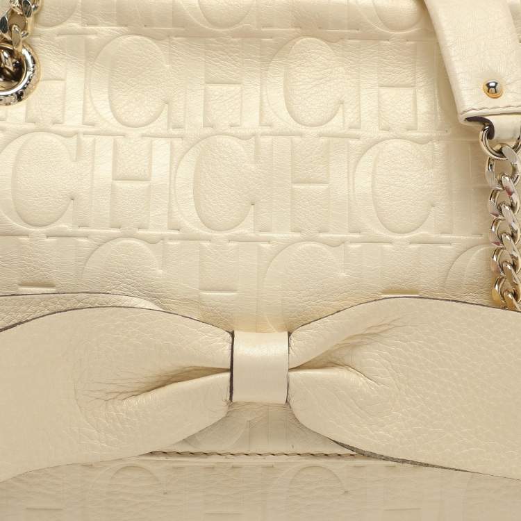 Pre Owned CH Carolina Herrera Audrey Bow Cream Monogram Embossed Leather Shoulder Bag