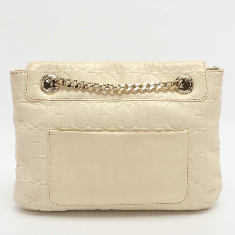 Pre Owned CH Carolina Herrera Audrey Bow Cream Monogram Embossed Leather Shoulder Bag