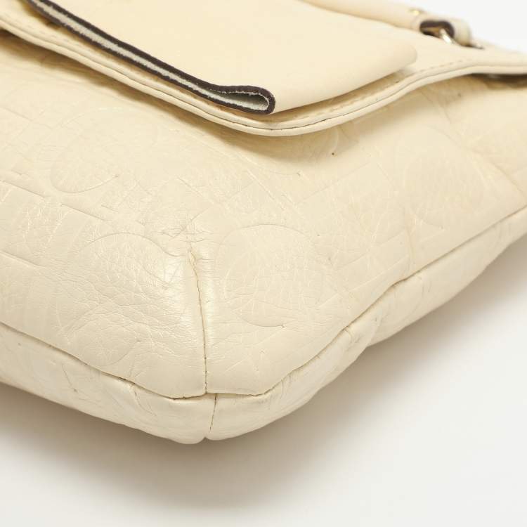 Pre Owned CH Carolina Herrera Audrey Bow Cream Monogram Embossed Leather Shoulder Bag