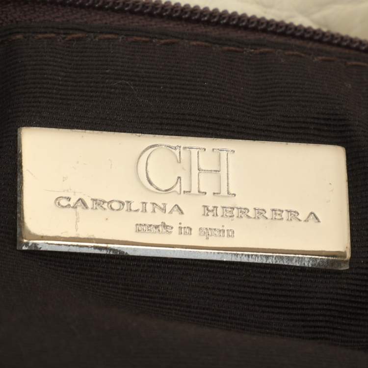 Pre Owned CH Carolina Herrera Audrey Bow Cream Monogram Embossed Leather Shoulder Bag