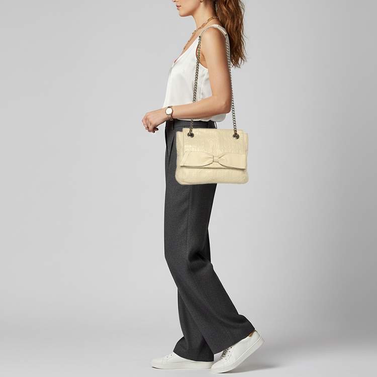 Pre Owned CH Carolina Herrera Audrey Bow Cream Monogram Embossed Leather Shoulder Bag