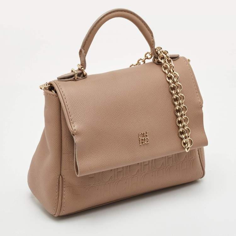 Pre Owned CH Carolina Herrera Minuetto Small Beige Leather Top Handle Bag