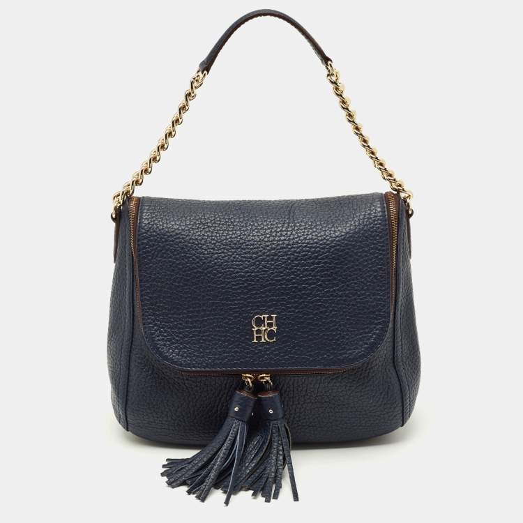 Pre Owned CH Carolina Herrera Navy Blue Pebbled Leather Tassel Shoulder Bag