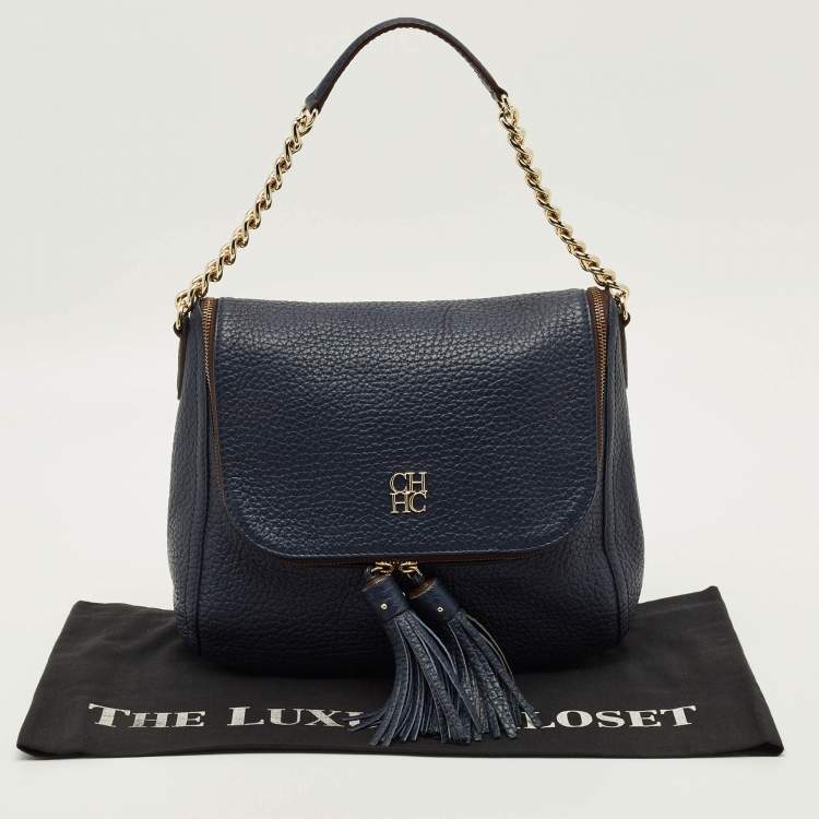 Pre Owned CH Carolina Herrera Navy Blue Pebbled Leather Tassel Shoulder Bag