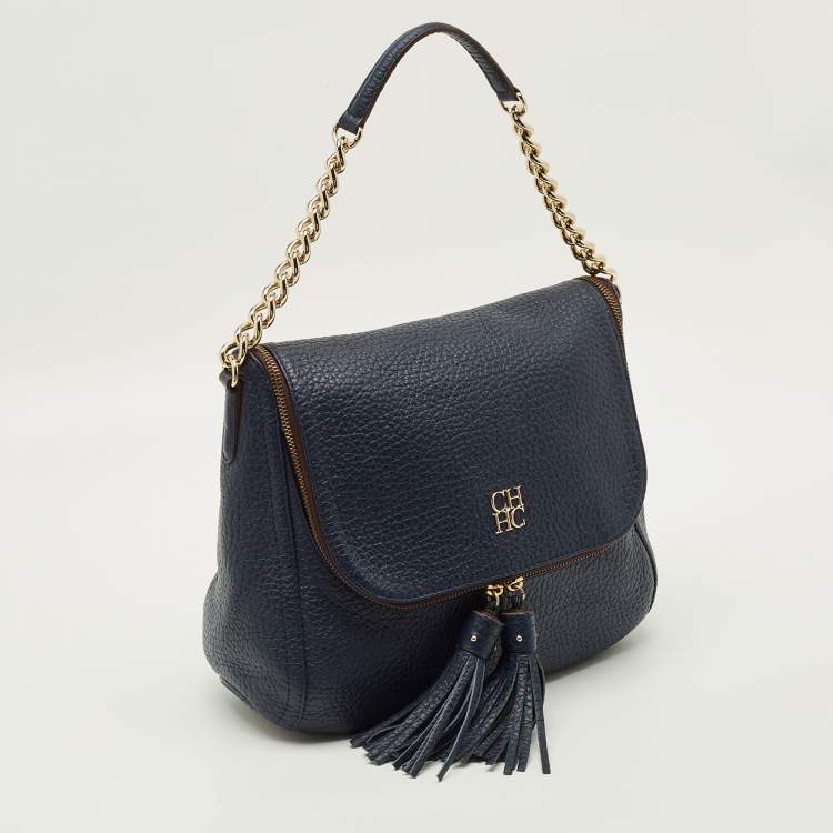 Pre Owned CH Carolina Herrera Navy Blue Pebbled Leather Tassel Shoulder Bag