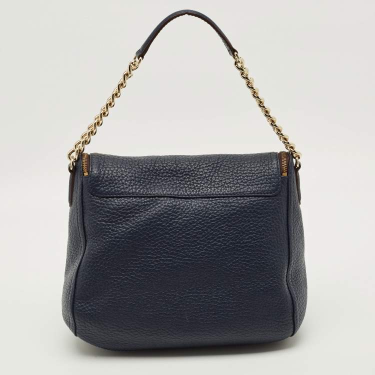 Pre Owned CH Carolina Herrera Navy Blue Pebbled Leather Tassel Shoulder Bag