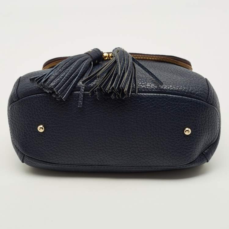 Pre Owned CH Carolina Herrera Navy Blue Pebbled Leather Tassel Shoulder Bag