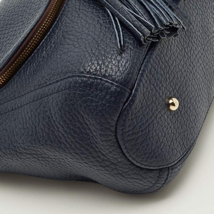 Pre Owned CH Carolina Herrera Navy Blue Pebbled Leather Tassel Shoulder Bag