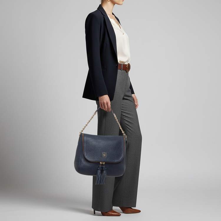 Pre Owned CH Carolina Herrera Navy Blue Pebbled Leather Tassel Shoulder Bag