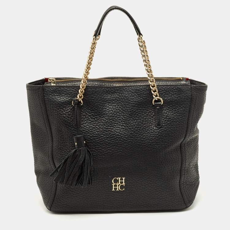 Pre Owned CH Carolina Herrera Tassel Top Zip Black Pebbled Leather Tote
