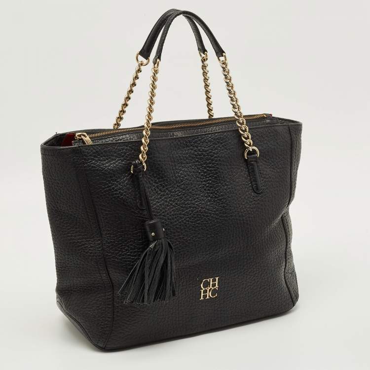 Pre Owned CH Carolina Herrera Tassel Top Zip Black Pebbled Leather Tote