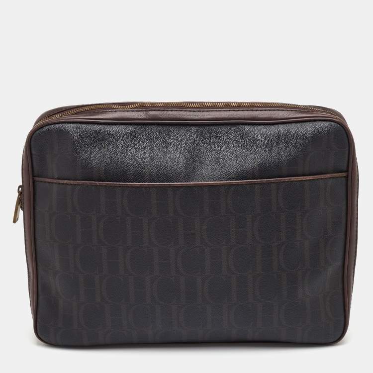 Pre Owned CH Carolina Herrera Brown Coated Canvas and Leather Laptop/Documents Holder Case