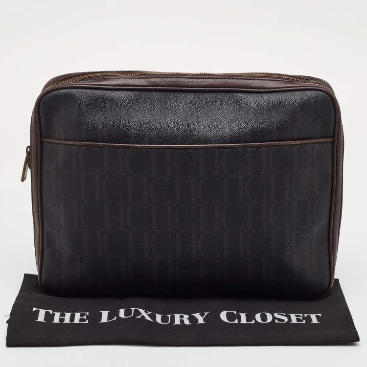 Pre Owned CH Carolina Herrera Brown Coated Canvas and Leather Laptop/Documents Holder Case