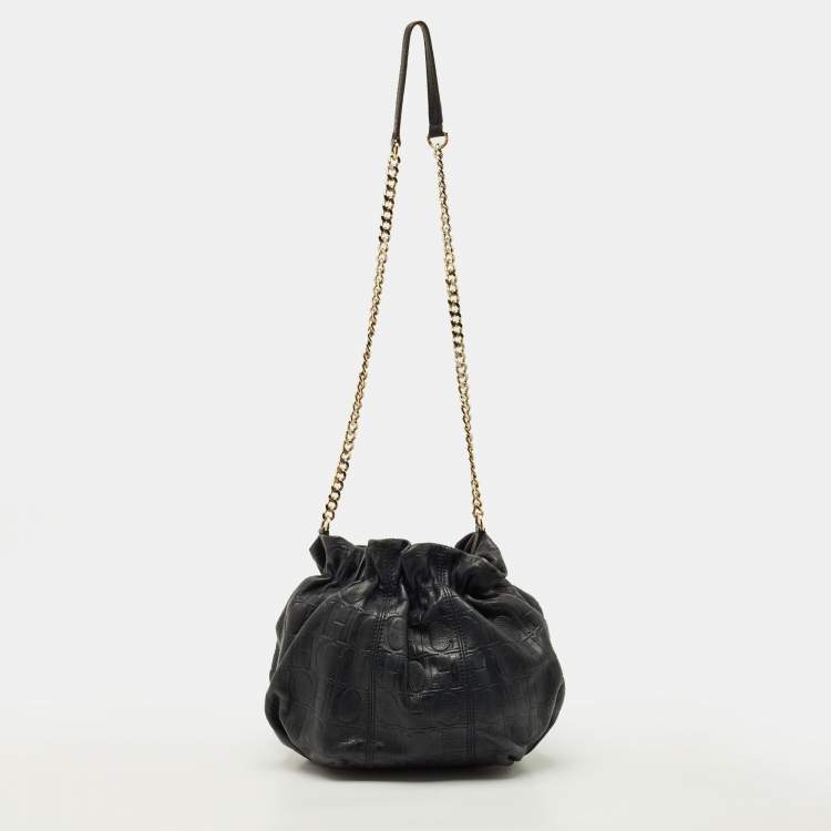 Pre Owned CH Carolina Herrera Navy Blue Monogram Embossed Leather Bucket Bag