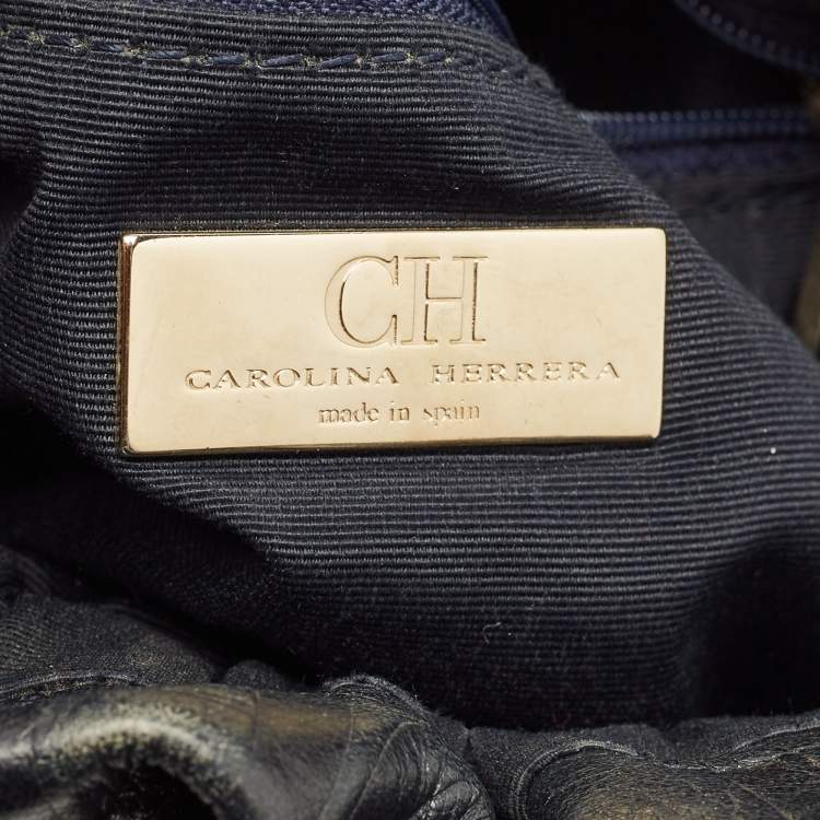 Pre Owned CH Carolina Herrera Navy Blue Monogram Embossed Leather Bucket Bag