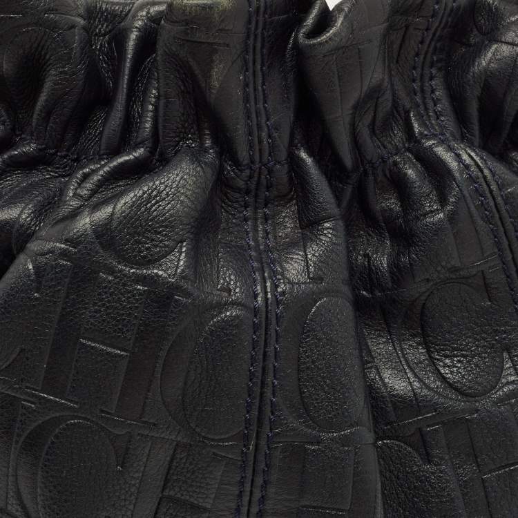 Pre Owned CH Carolina Herrera Navy Blue Monogram Embossed Leather Bucket Bag