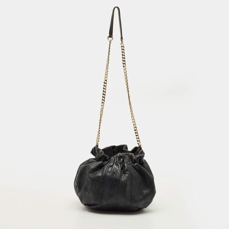 Pre Owned CH Carolina Herrera Navy Blue Monogram Embossed Leather Bucket Bag