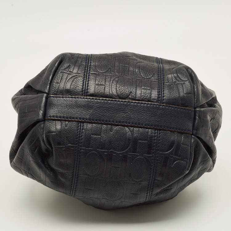 Pre Owned CH Carolina Herrera Navy Blue Monogram Embossed Leather Bucket Bag