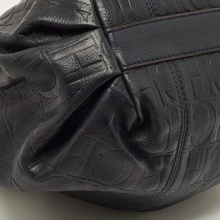 Pre Owned CH Carolina Herrera Navy Blue Monogram Embossed Leather Bucket Bag