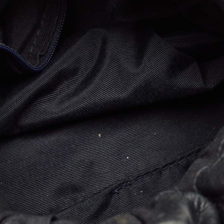 Pre Owned CH Carolina Herrera Navy Blue Monogram Embossed Leather Bucket Bag