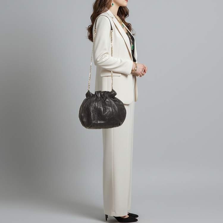 Pre Owned CH Carolina Herrera Navy Blue Monogram Embossed Leather Bucket Bag