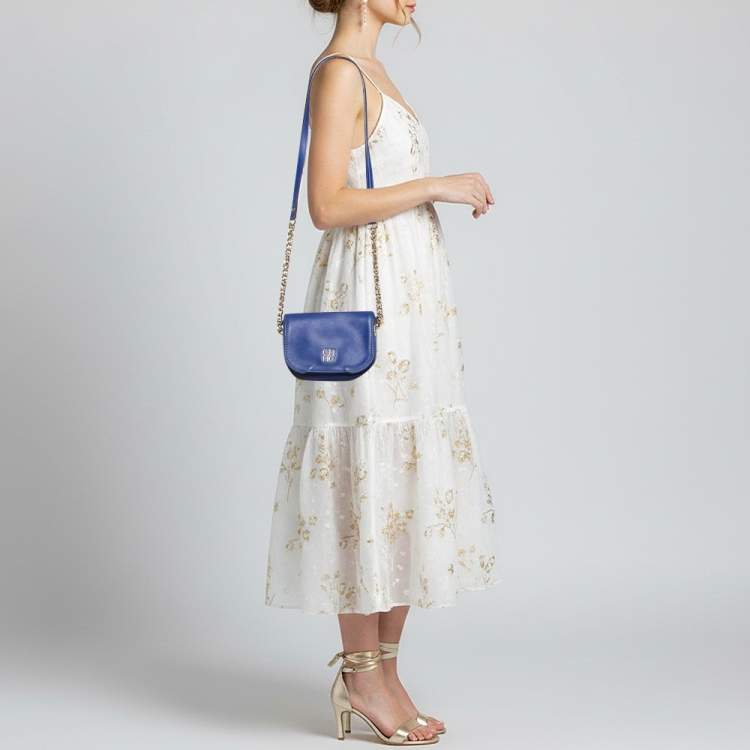 Pre Owned CH Carolina Herrera Baltazar Blue Leather Flap Crossbody Bag