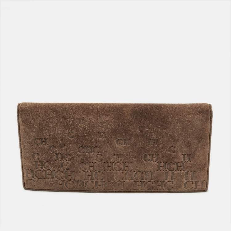 Pre Owned CH Carolina Herrera Brown Monogram Suede Long Wallet