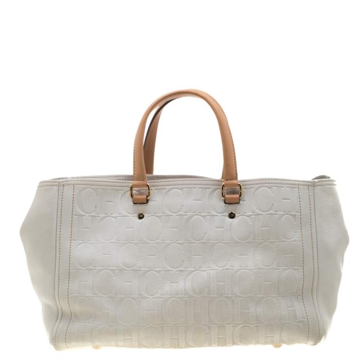 Pre Owned Carolina Herrera White/Beige Monogram Embossed Leather Tote