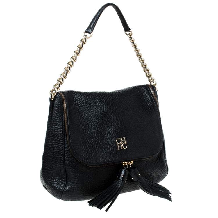 Pre Owned Carolina Herrera Black Leather Tassel Hobo