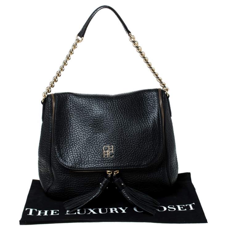 Pre Owned Carolina Herrera Black Leather Tassel Hobo