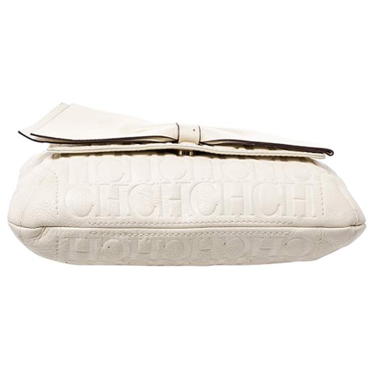 Pre Owned Carolina Herrera Cream Monogram Leather Audrey Shoulder Bag