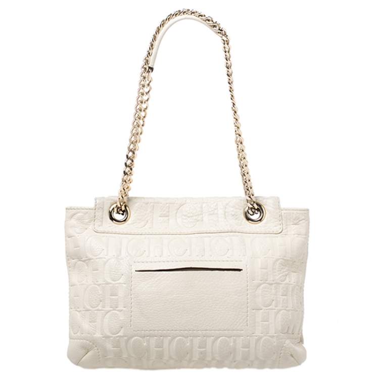 Pre Owned Carolina Herrera Cream Monogram Leather Audrey Shoulder Bag