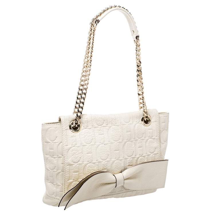 Pre Owned Carolina Herrera Cream Monogram Leather Audrey Shoulder Bag