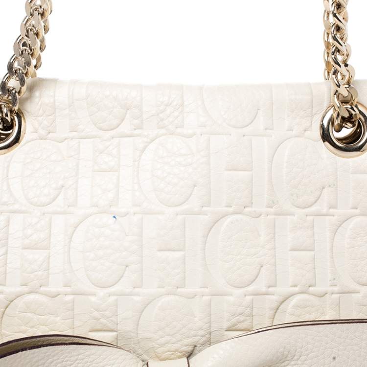 Pre Owned Carolina Herrera Cream Monogram Leather Audrey Shoulder Bag