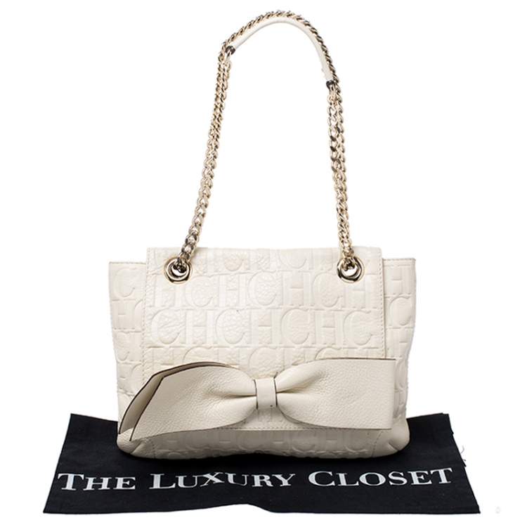 Pre Owned Carolina Herrera Cream Monogram Leather Audrey Shoulder Bag