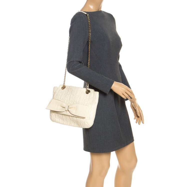 Pre Owned Carolina Herrera Cream Monogram Leather Audrey Shoulder Bag