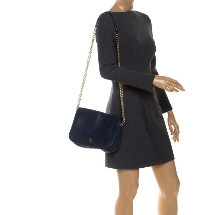 Pre Owned CH Carolina Herrera Navy Blue Leather Shoulder Bag