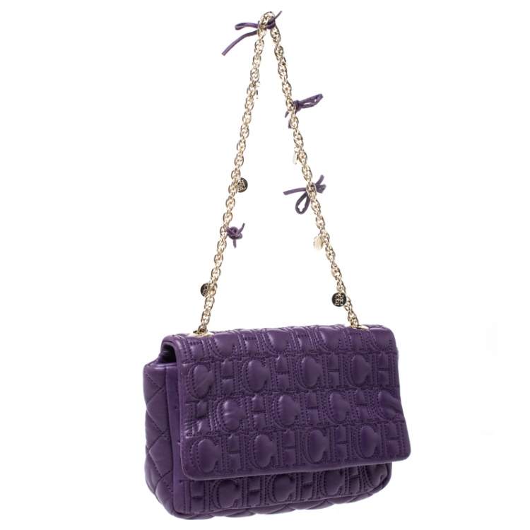 Pre Owned CH Carolina Herrera Purple Monogram Leather Chain Flap Bag