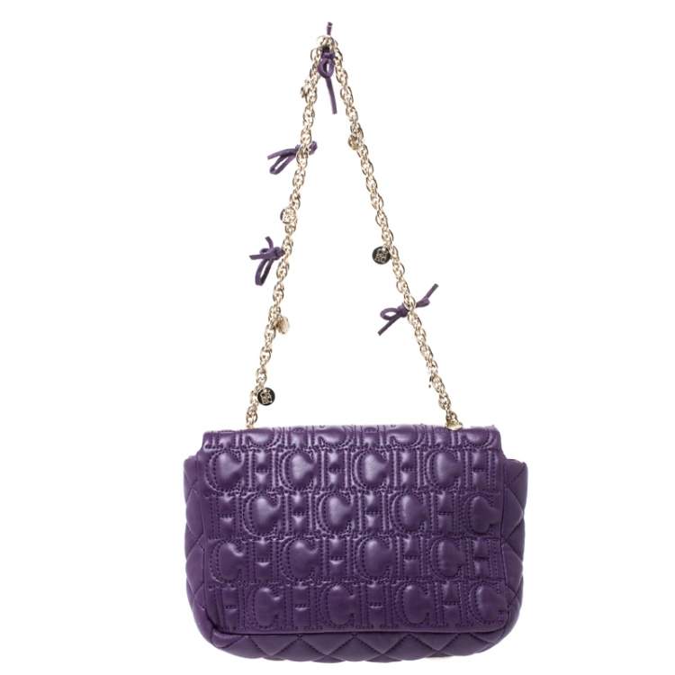 Pre Owned CH Carolina Herrera Purple Monogram Leather Chain Flap Bag
