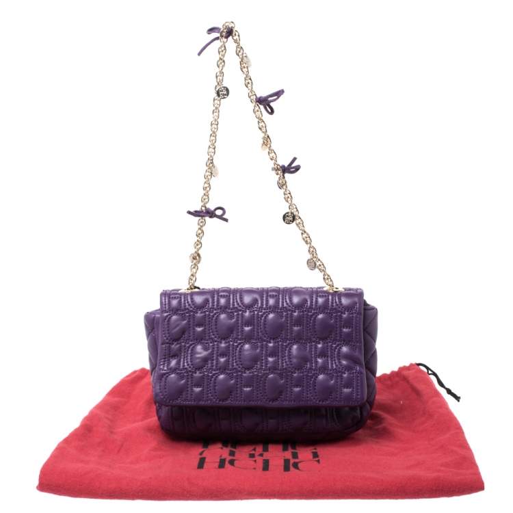 Pre Owned CH Carolina Herrera Purple Monogram Leather Chain Flap Bag