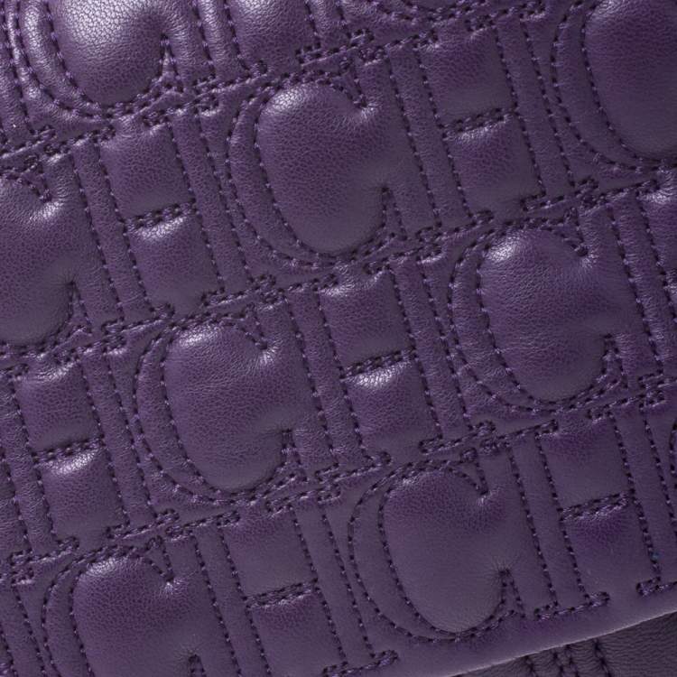 Pre Owned CH Carolina Herrera Purple Monogram Leather Chain Flap Bag