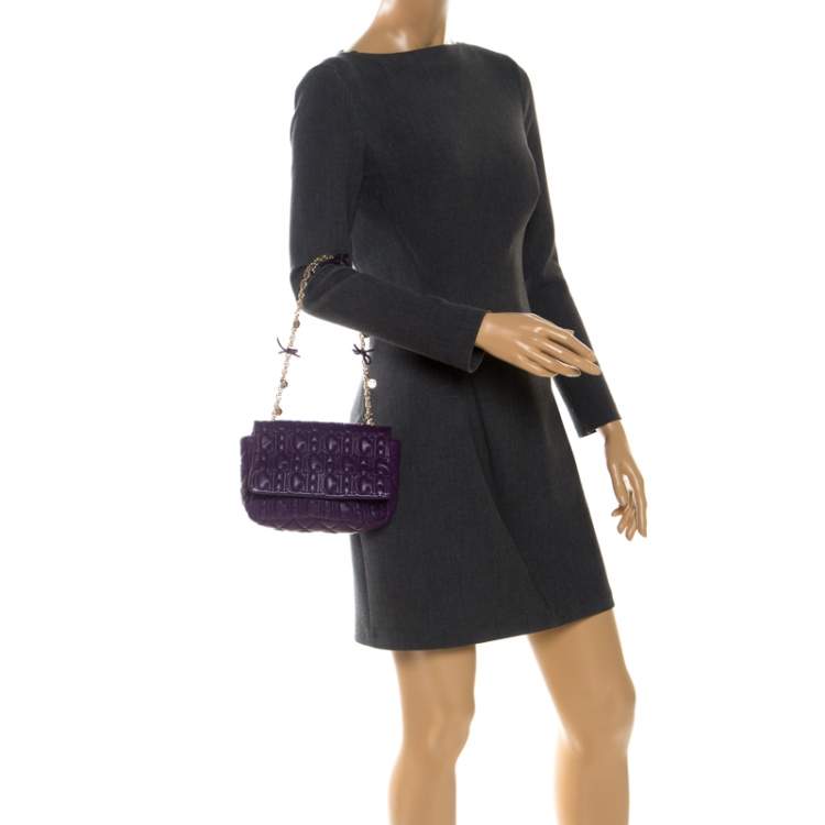 Pre Owned CH Carolina Herrera Purple Monogram Leather Chain Flap Bag