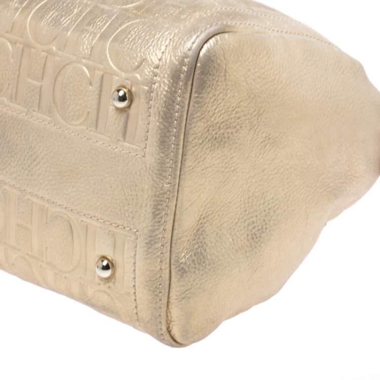 Pre Owned Carolina Herrera Metallic Gold Monogram Leather Andy Boston Bag           