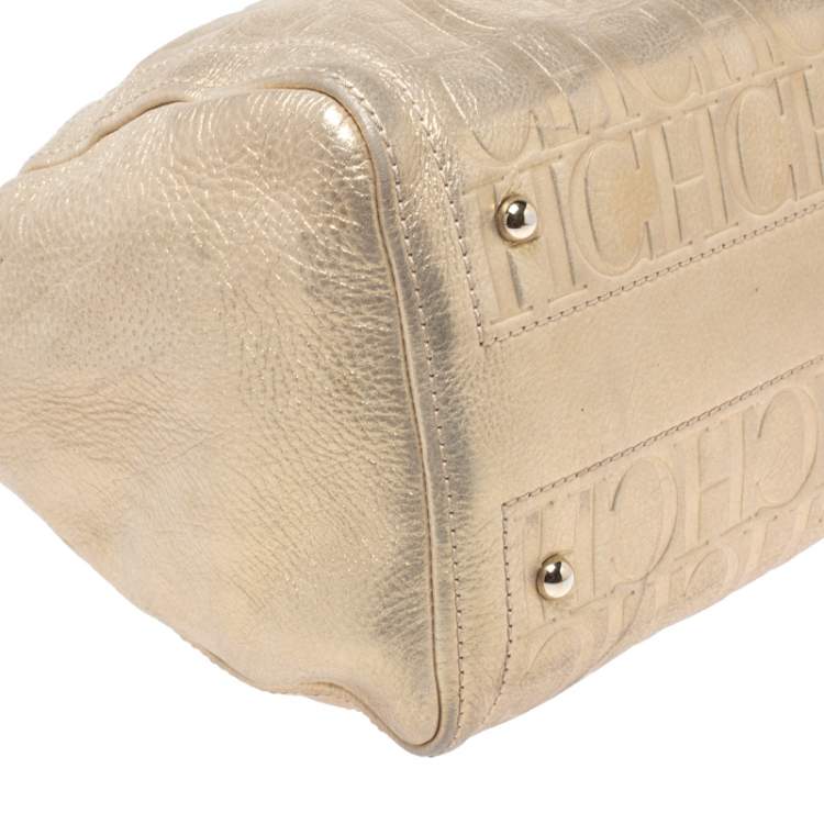 Pre Owned Carolina Herrera Metallic Gold Monogram Leather Andy Boston Bag           