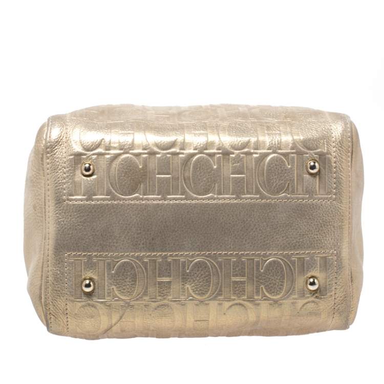 Pre Owned Carolina Herrera Metallic Gold Monogram Leather Andy Boston Bag           