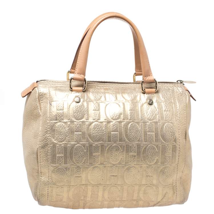Pre Owned Carolina Herrera Metallic Gold Monogram Leather Andy Boston Bag           