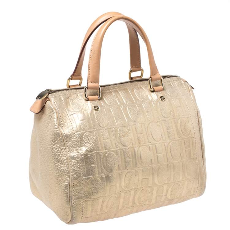 Pre Owned Carolina Herrera Metallic Gold Monogram Leather Andy Boston Bag           