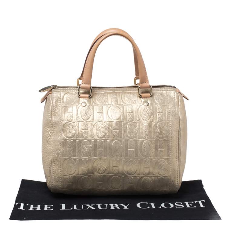Pre Owned Carolina Herrera Metallic Gold Monogram Leather Andy Boston Bag           